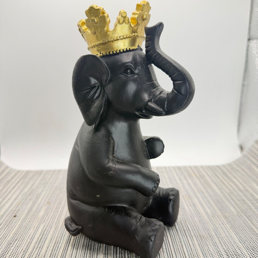 Matte Black King Elephant Figurine Gold Crown Trunk Up Resin Statue Lucky Decor